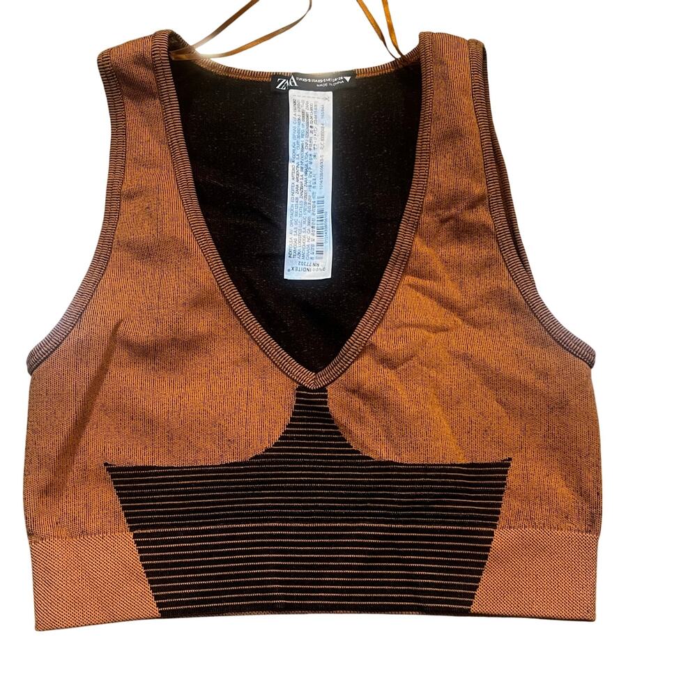 Zara Cropped Tank Top XS-S Deep V Neck Ribbed Seamless Knit Burnt Orange Tank